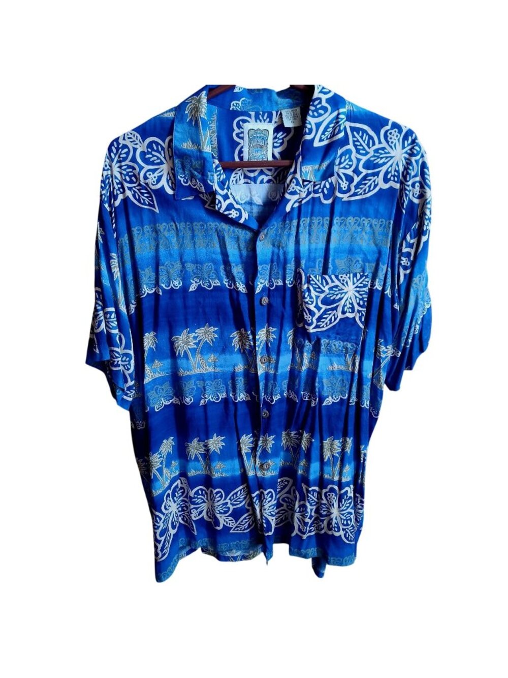 XL Hawaiian Shirt Ocean Current Blue Tropical Floral Palm Trees XL Rayon